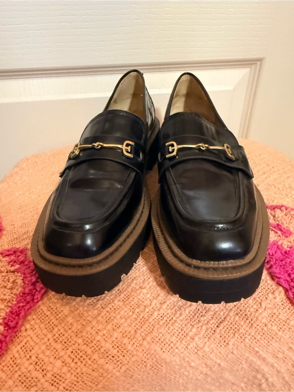 Sam Edelman Black Leather Platform Loafers with Gold Horse-bit size 7
